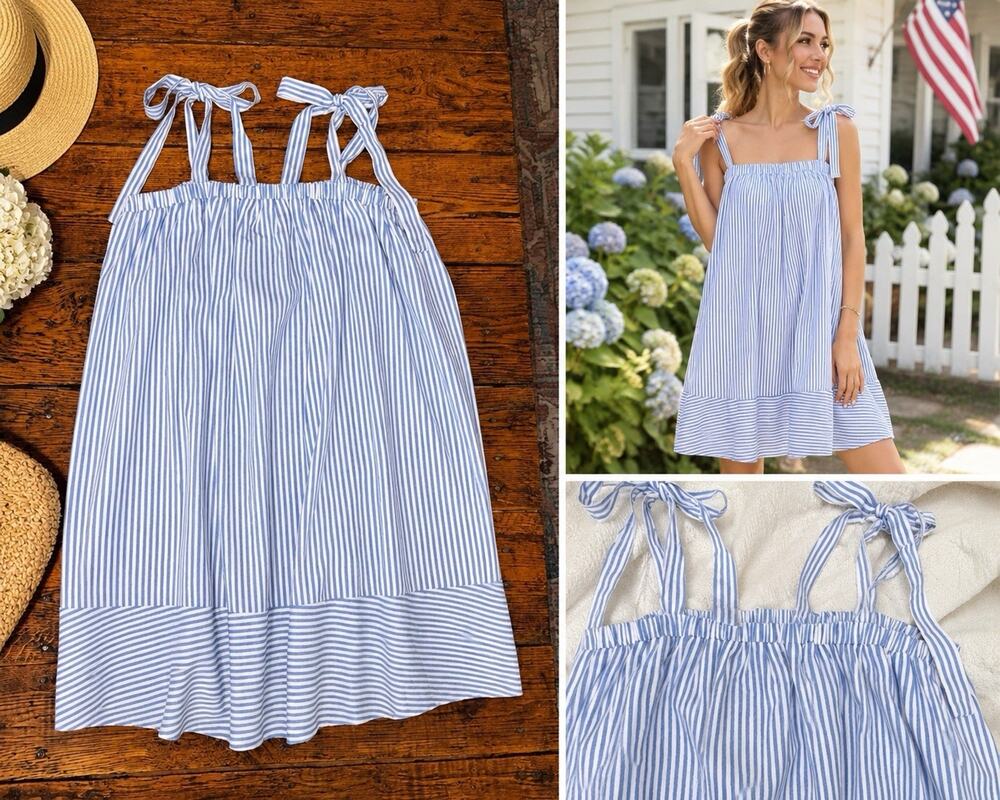 English Factory Blue White Lined Dress Striped Cottage